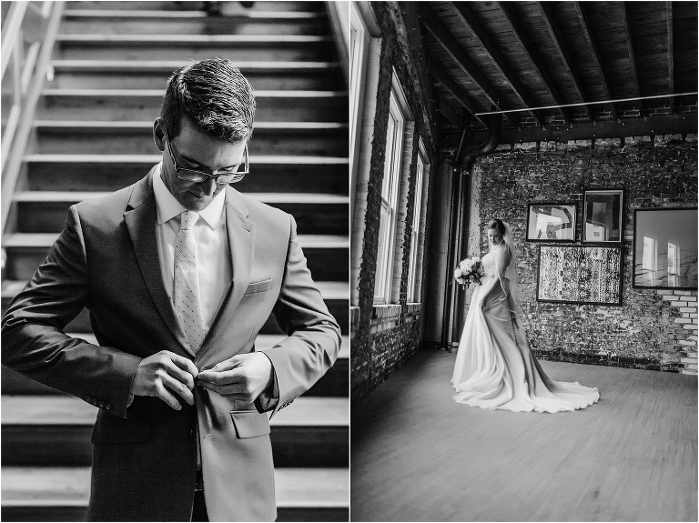 side by side shots, on left, the groom buttons his Perry Ellis suit jacket on the stairs at Oxford Exchange, on right, the bride gazes down at her train surrounded by old exposed brick