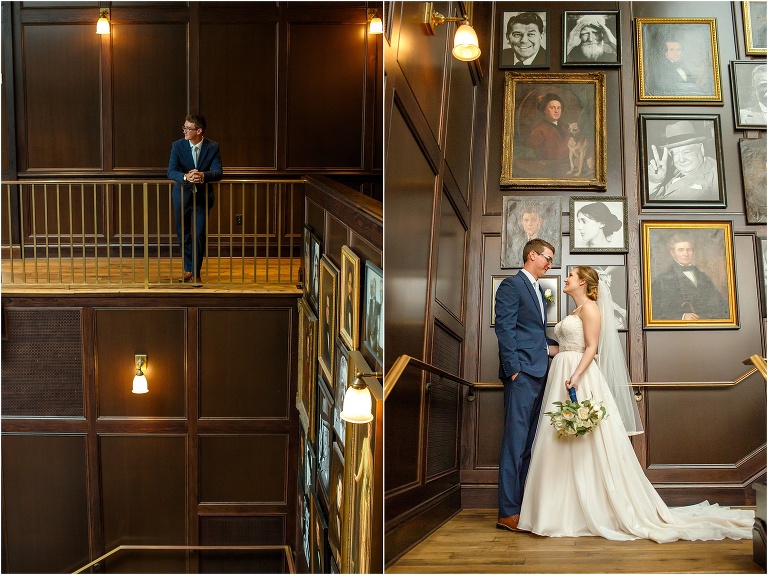 side by side, on left, the groom awaits his bride in his navy Perry Ellis suit, on right, bride and groom embrace on the landing of the portrait lined staircase at Oxford Exchange
