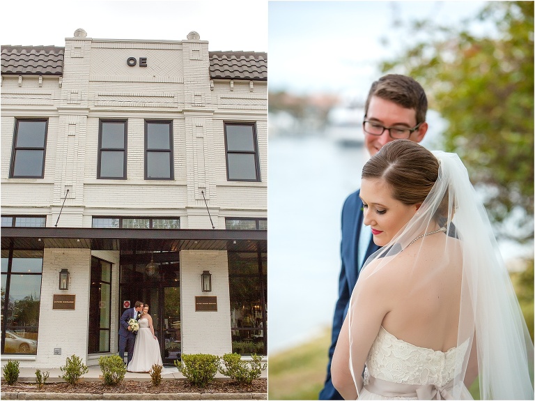 side by side, on left, the groom kisses his bride's cheek outside Oxford Exchange, on right, the groom looks adoringly at his blushing bride