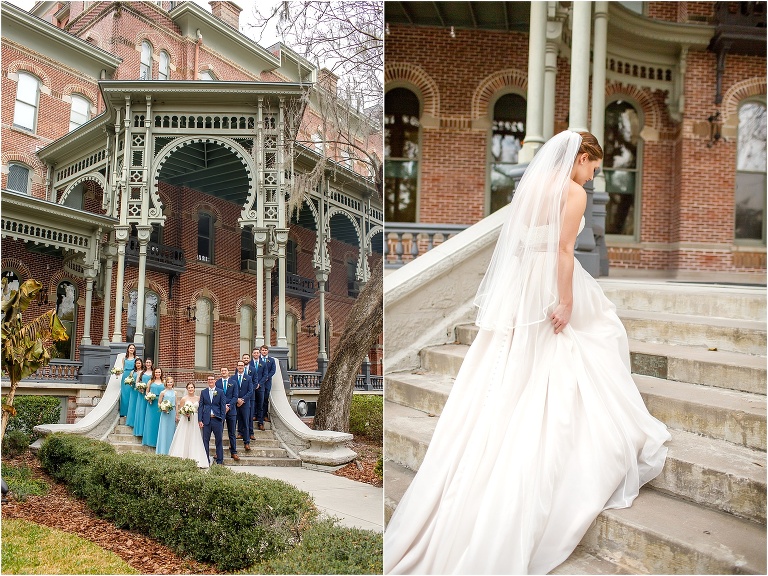 The wedding party lines the concrete steps outside of University of Tampa's Henry B. Plant Museum, on right, the bride climbing the steps up to the Henry B. Plant Museum