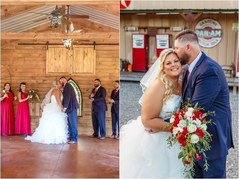 side by side, on left, the bride & groom share first kiss as husband & wife, on right, the bride smiles as her new husband kisses her temple