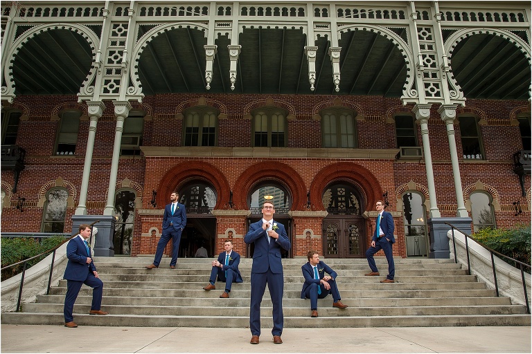 The groom & his groomsmen looking dapper in their navy Perry Ellis suits outside University of Tampa