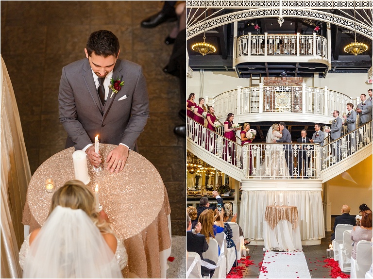 side by side, on left the bride & groom light the unity candle to join their separate lives into one flame, on right, the bride & groom share their first kiss as husband and wife as their loved ones cheer