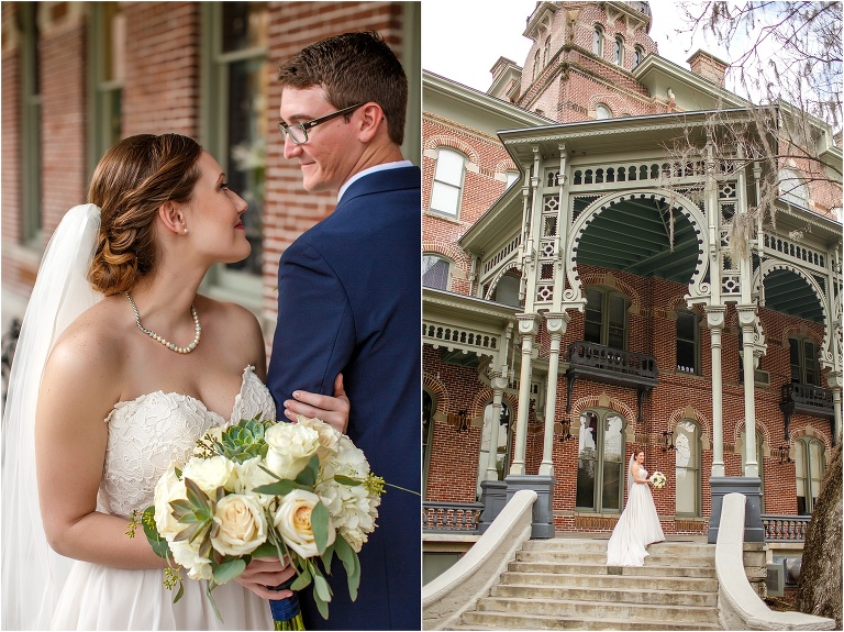 side by side, on left, the bride looks lovingly at her future husband surrounded by old bricks at the Henry B. Plant Museum, on right, the bride stands beneath the ornate archway on University of Tampa campus