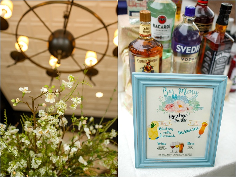 side by side, on left, floral details at Oxford Exchange, on right, the bar menu sign that the bride handmade