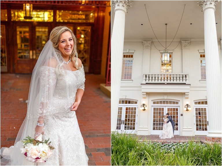 side by side, on left, the bride giggles as she tries to twirl with her Allure Bridal veil, on right, the groom kisses his bride between the massive white columns at the Ballroom at Church Street