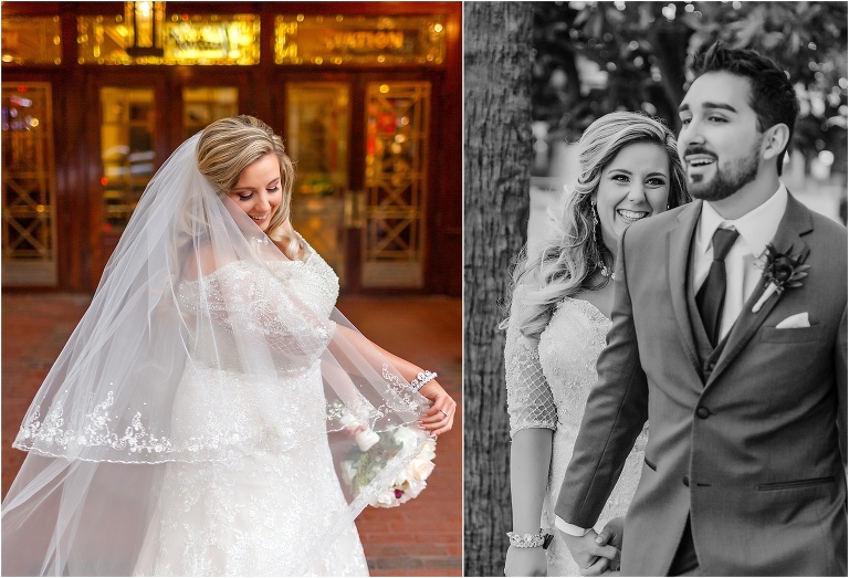 side by side, on left, the bride daintily twirls her elegant Allure Bridal veil, on right, the bride beams at her new husband as he leads her around Downtown Orlando