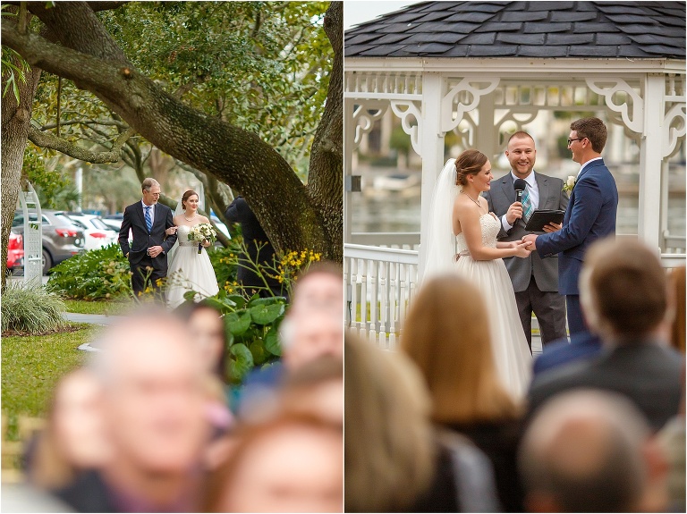 side by side, on left, the bride and her father walking down the aisle, on right, the bride and groom standing hand in hand at the altar