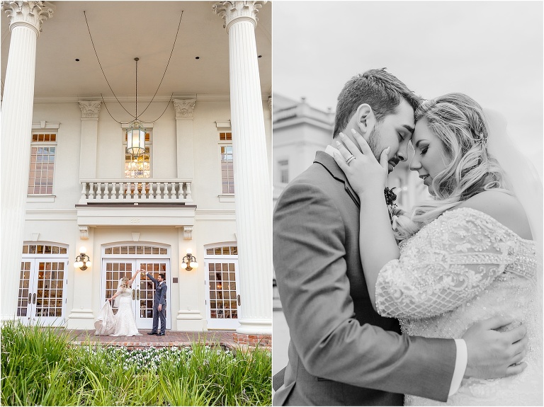side by side, on left, the groom twirls his bride between the massive columns at Ballroom at Church Street, on right, the bride & groom share a passionate embrace, forehead to forehead