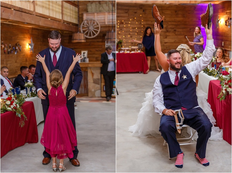 side by side, on left, the bride's daughter raises her arms to be lifted up by her mom's new husband, on right, the bride & groom laugh as they raise the same shoe in the shoe game