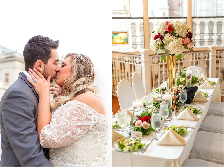 side by side, on left, the groom pulls his bride in for a kiss, on right, the beautiful head table with Atmosphere Floral centerpieces and table runners