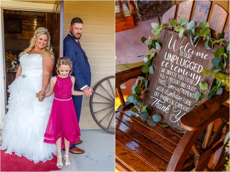 side by side, on left, the bride & groom share their first touch with their daughter before their ceremony, on right, the handmade sign for their unplugged ceremony lays on a wooden rocking chair