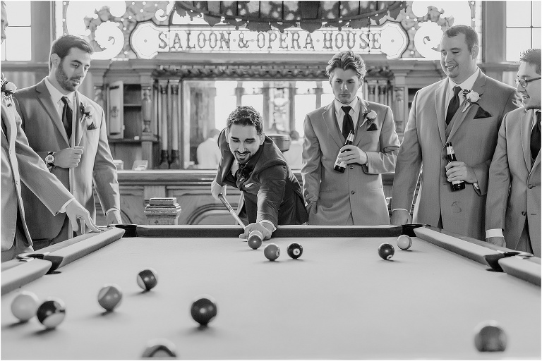 the groom shoots pool with all of his groomsmen at Cheyenne Saloon before he says "I Do"