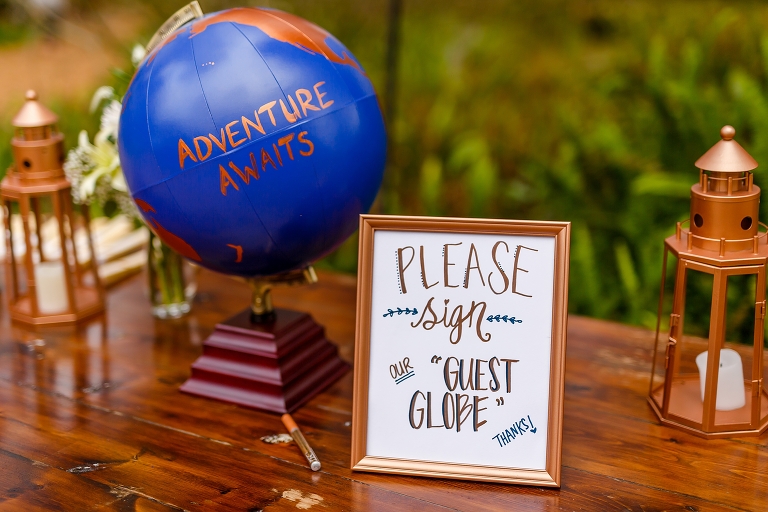 the hand-painted copper and blue "guest globe" for their guests to sign at their DIY garden wedding