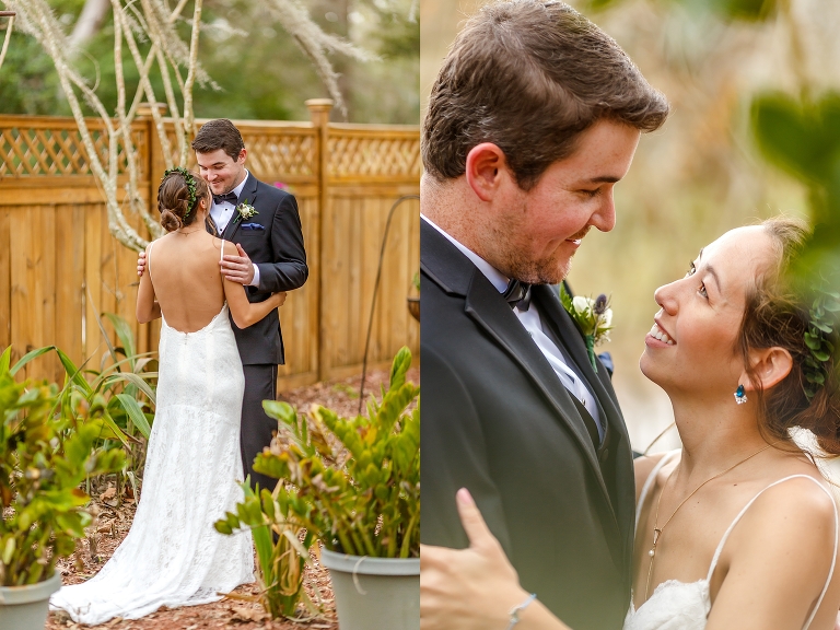 side by side, on left, the groom sees his bride for the first time in her Galina wedding dress, on right, the couple look adoringly at each other