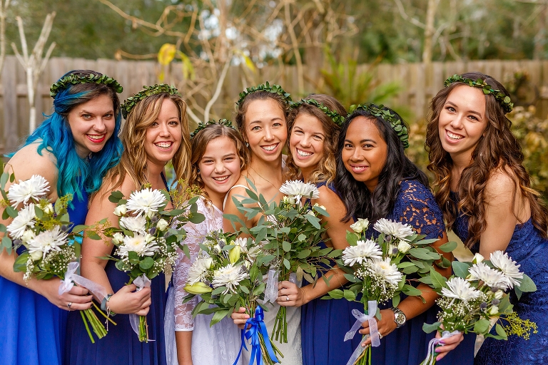 the bride & her gorgeous bridesmaids in their varying royal blue Lulu's bridesmaids dresses