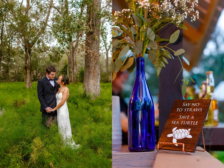 side by side, on left, the bride and groom embrace among the immense trees at Harmony Gardens, on right, handmade signs asking their guests to forego straws to save the turtles