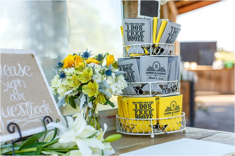 yellow and grey personalized koozies as guest favors