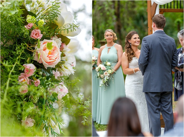 side by side, on left, blush pink and green floral ceremony details, on right, the bride smiles at her groom during his vows