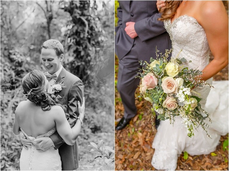 side by side, on left, the groom hugs his bride for the first time on their wedding day, on right, close up of the bridal bouquet as she walks hand in hand with her groom