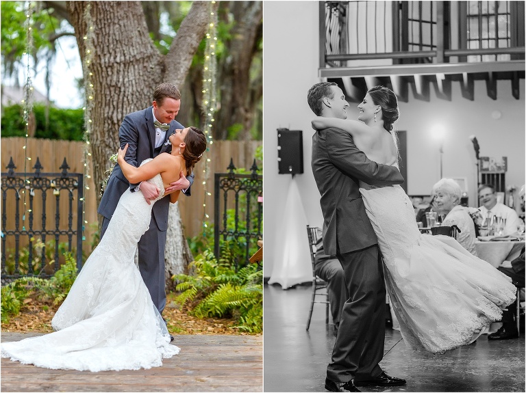 side by side, on left, the groom dips his bride, on right, the groom lifts his bride during their choreographed first dance