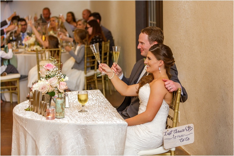 the bride & groom raise their champagne glasses during toasts