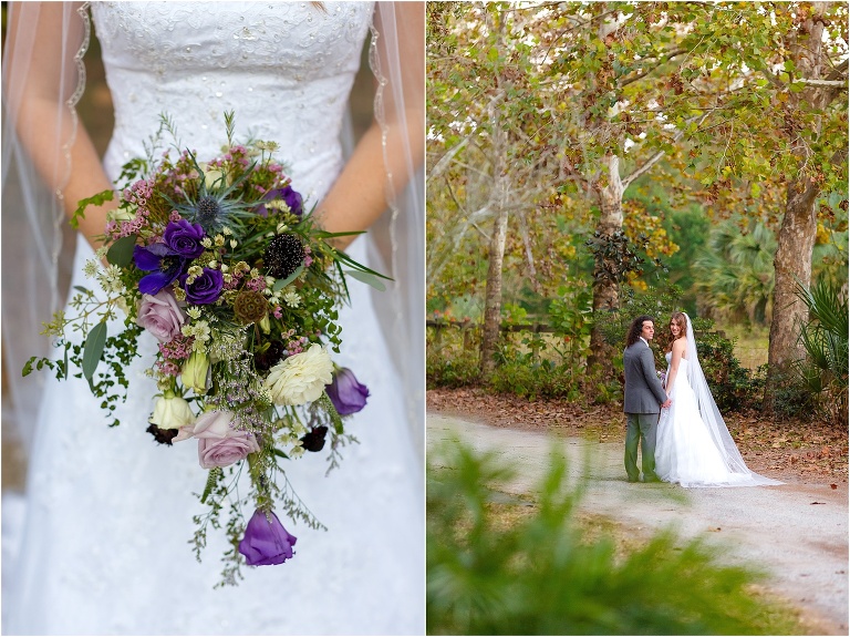 side by side, on left, deep purple cascading bridal bouquet, on right, bride & groom stroll holding hands down the gravel road