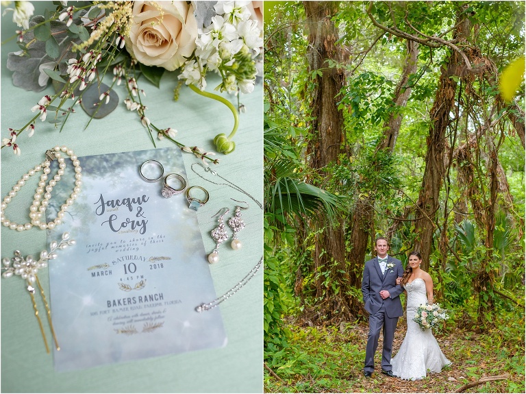 side by side, the bride's pearl accessories surround their invitation, on right, the bride & groom stand among the tall trees at their Bakers Ranch wedding