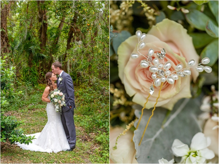 side by side, on left, groom kisses his brides forehead among the small orange trees, on right, the bride's pearl hair pin sits in a pink rose