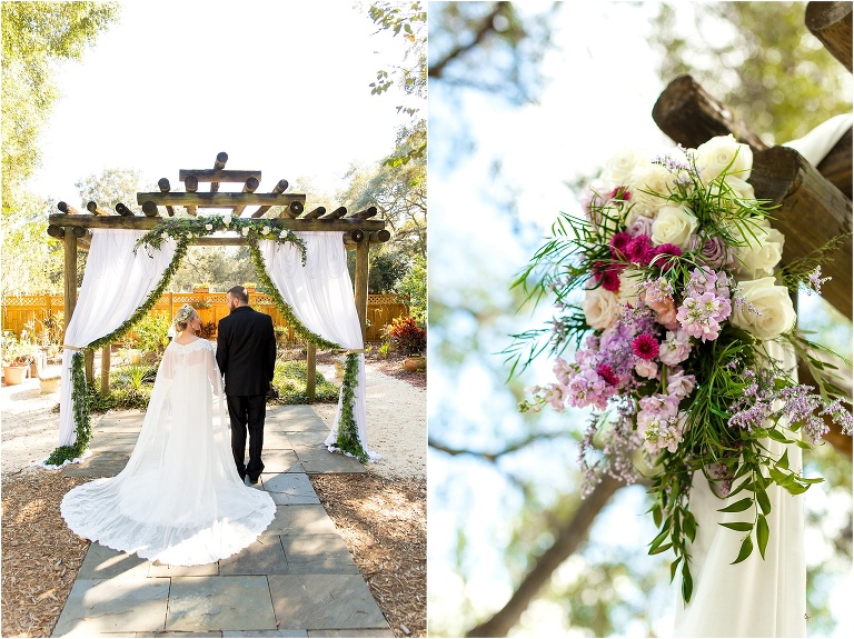 side by side, on left, the bride & groom stand at their alter, on right, pink and purple floral arrangements accent the ceremony arch