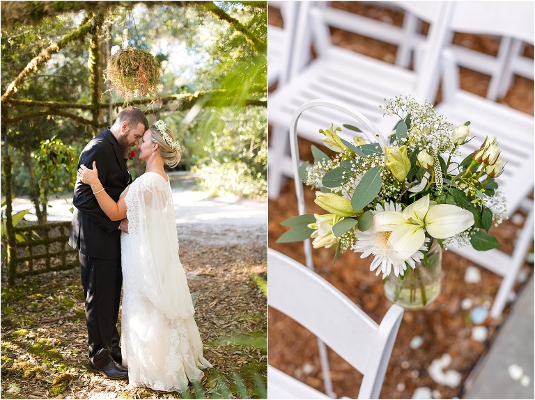 side by side, on left, bride & groom touch foreheads under the moss lined pergola, on right, pale cream floral arrangements line the aisle