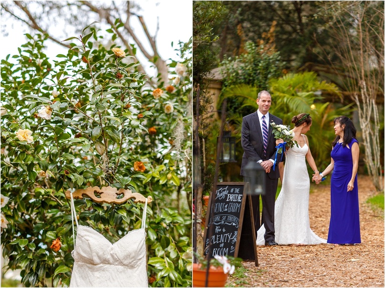 side by side, on left, the bride's gown hangs from the rose bush, on right, the bride's parents hold her hands as they walk down the aisle