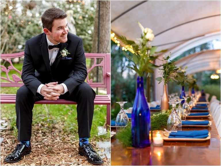 side by side, on left, groom sits on a bench, on right, navy and gold accented vases and table settings