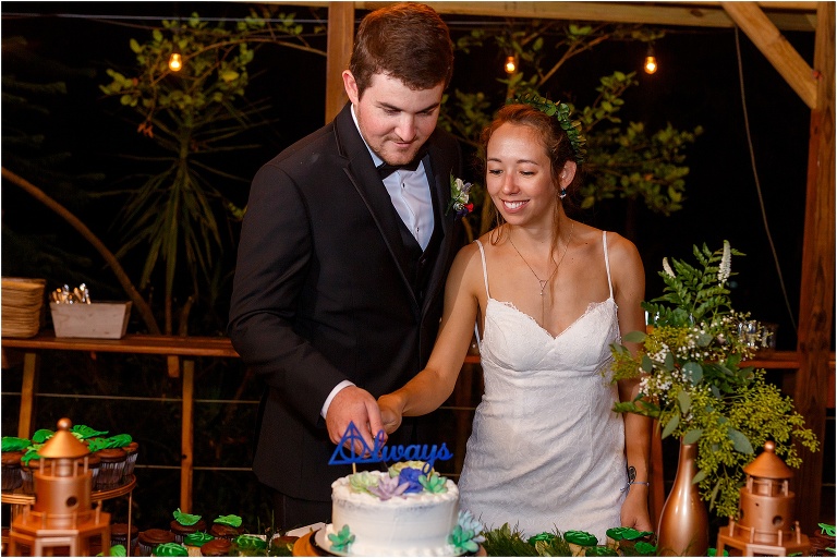 bride & groom cut the cake at their Harmony Gardens wedding