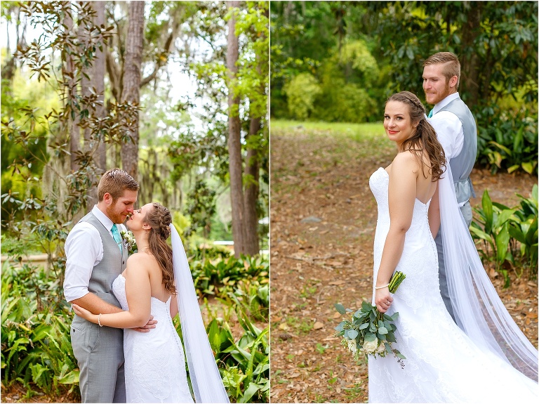 side by side, on left, the bride & groom share a tear filled kiss, on right, the bride peaks over her shoulder