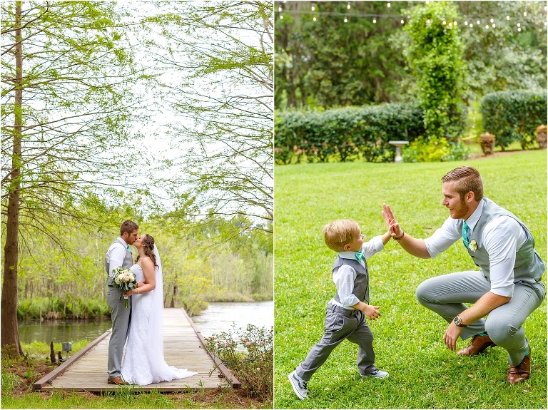 side by side, on left, the bride & groom kiss at the end of the dock, on right, the ring bearer gives the groom a killer high five