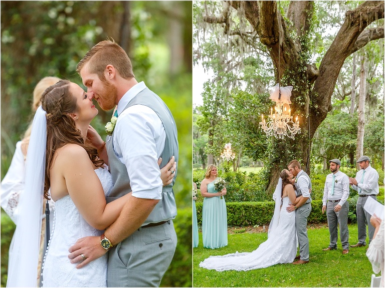 side by side, on left, the couple smiles after they shared their first kiss as husband and wife, on right, the couple shares their first kiss as husband and wife