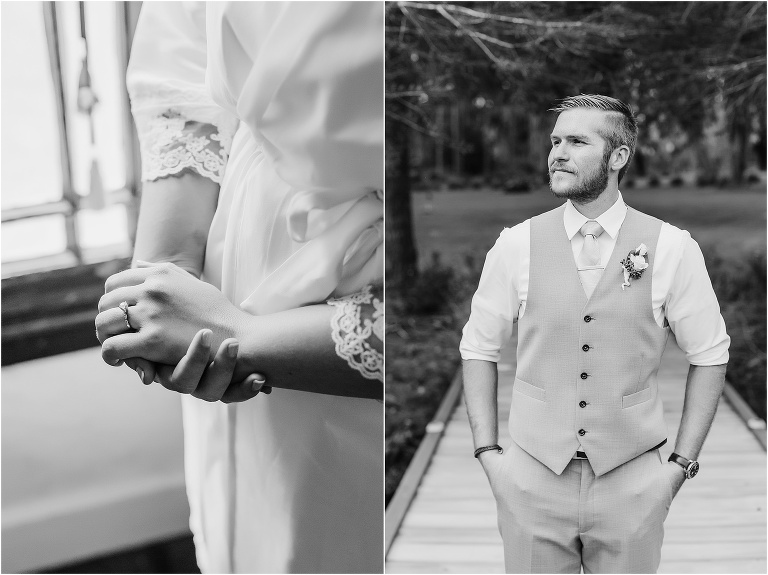 side by side, on left, closeup of the bride's hands in her getting ready robe, on right, the groom looks into the distance on the dock