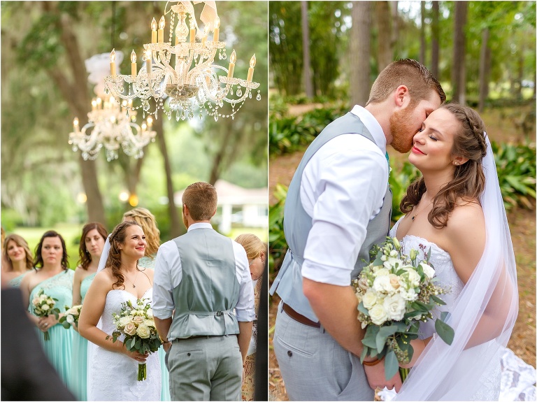 side by side, on left, the bride looks lovingly at her groom during their ceremony, on right, the groom kisses his bride on the cheek
