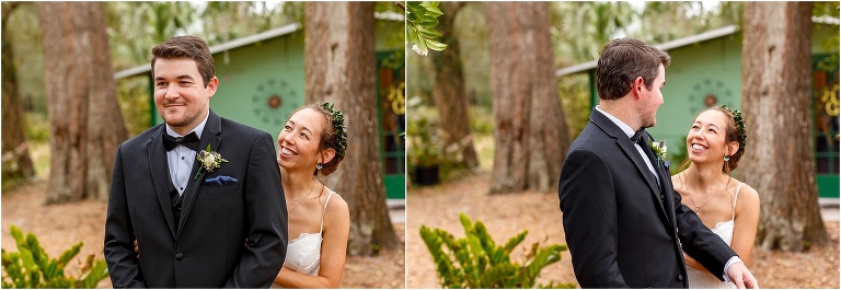 side by side, on left, the bride sneaks up behind her groom, on right, the groom turns around to see his sneaky bride