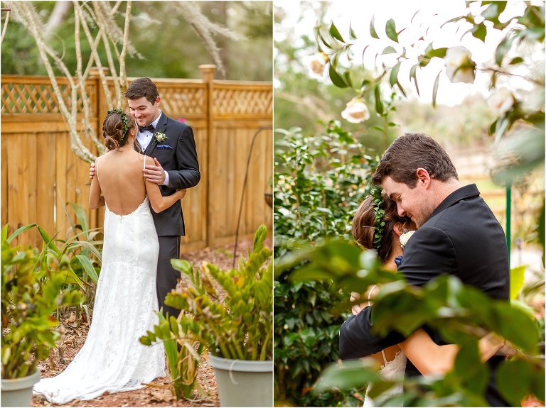 first look embrace in garden wedding