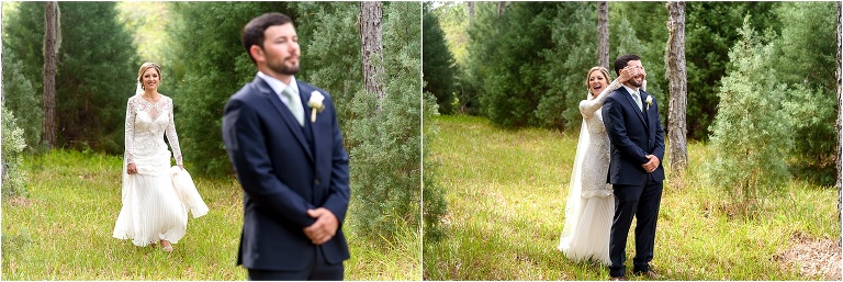 side by side, on left, the bride approaches the groom for their first look, on right, the bride covers the grooms eyes before their first look