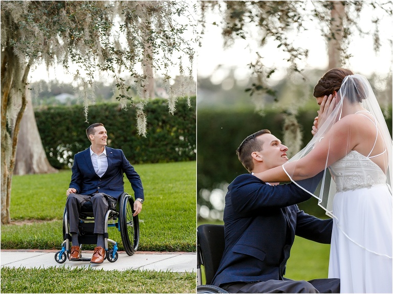 side by side, on left, the groom grins as he turns his wheelchair around, on right, the groom wipes away his bride's tears during their first look
