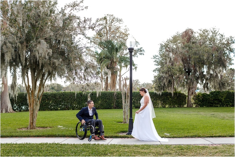the groom spins his wheelchair around to see his bride for their first look