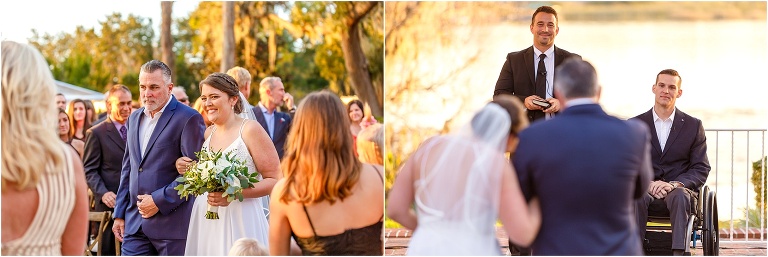 side by side, on left, the bride smiles through tears coming down the aisle, on right, the groom waits for his bride