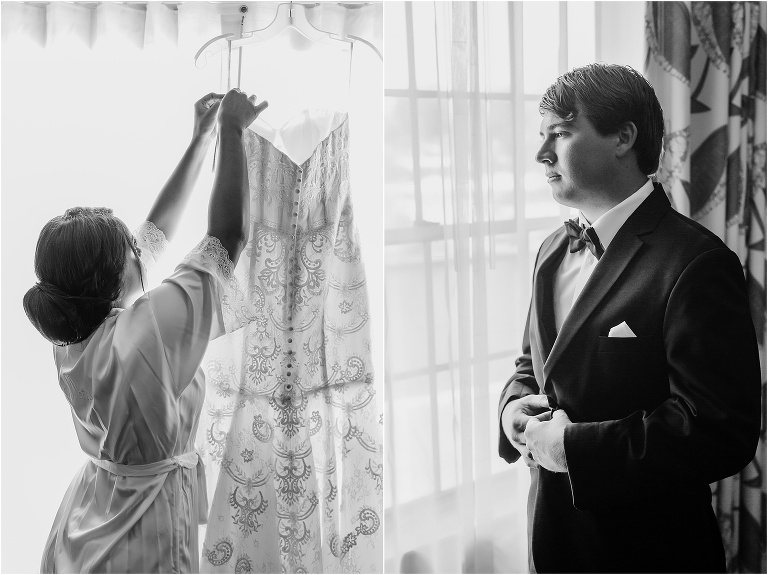 side by side, on left, the bride hangs up her dress by the window, on right, the groom buttons his jacket by the window