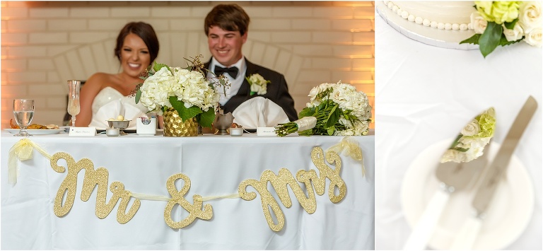 side by side, on left, the couple laughs at their sweetheart table, on right, the cake reflected in the knives