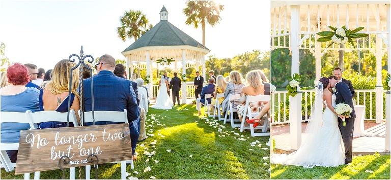 side by side, on left, a "no longer two but one" sits at the end of the aisle, on right, their first kiss as husband and wife at their crystal river wedding