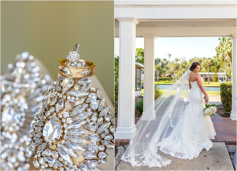 side by side, on left, the rings sit atop the bride's jeweled shoes, on right, the bride's veil flies behind her in the wind