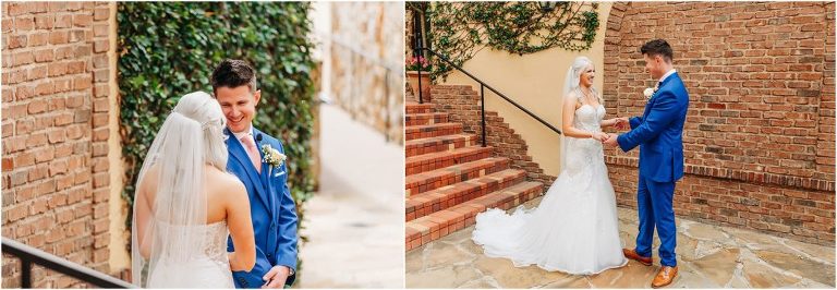 left, groom beams as he turns around to see bride during first look, right, groom takes in his beautiful bride on their wedding day
